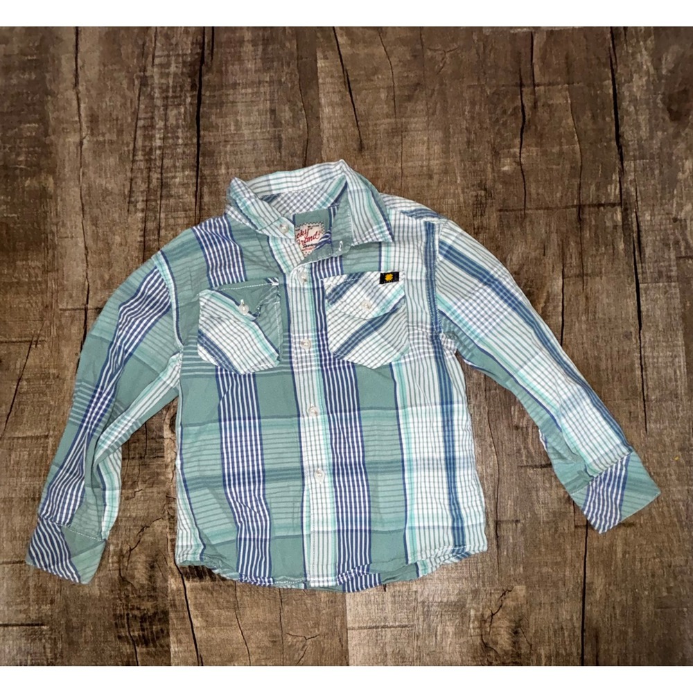 Lucky Brand Boys 4T Plaid Western Button Down Shirt Green Blue Long Sleeve